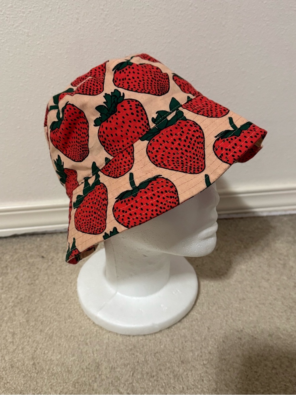 Baggu Bucket Hat Pink Strawberry Print Organic Cotton Summer-One Size